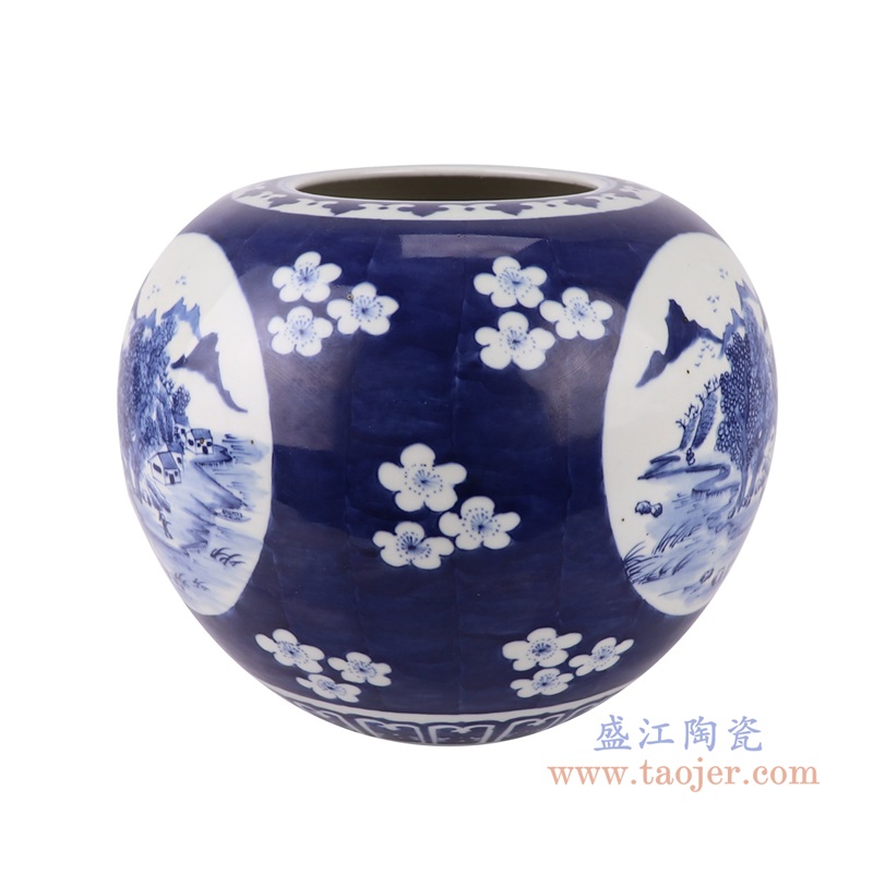 青花冰梅开窗山水苹果罐,产品编号:RZUL09 产品尺寸(单位cm): 高22直径27.3口径19.2底径12.8重量2.75KG
