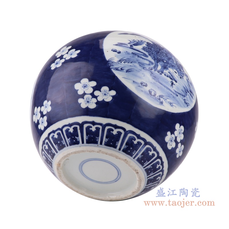 青花冰梅开窗山水苹果罐,产品编号:RZUL09 产品尺寸(单位cm): 高22直径27.3口径19.2底径12.8重量2.75KG
