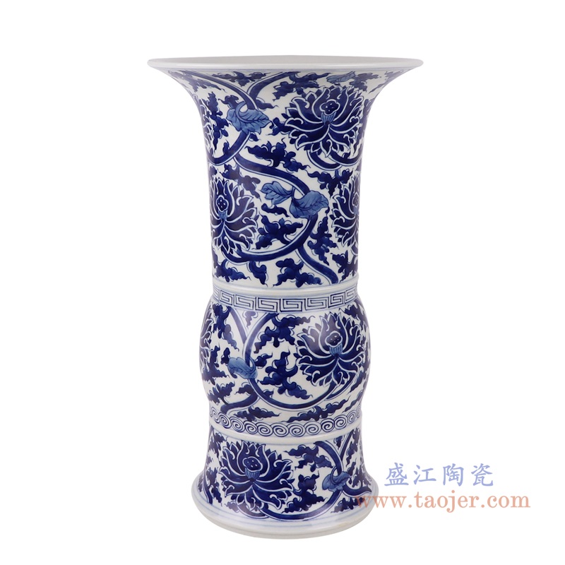 青花缠枝莲花觚,产品编号:RZUL10 产品尺寸(单位cm): 高35.7直径20.5口径18.5底径15.1重量2.75KG