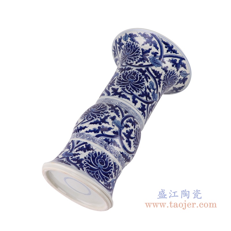 青花缠枝莲花觚,产品编号:RZUL10 产品尺寸(单位cm): 高35.7直径20.5口径18.5底径15.1重量2.75KG