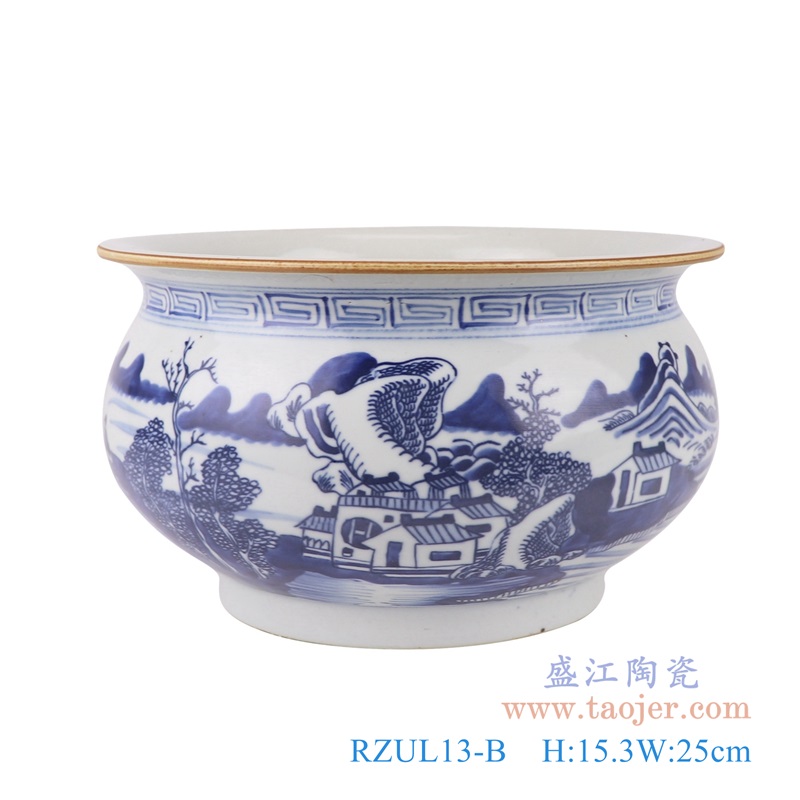 青花山水纹香炉,产品编号:RZUL13-B 产品尺寸(单位cm): 高15.3直径25口径底径重量2.3KG