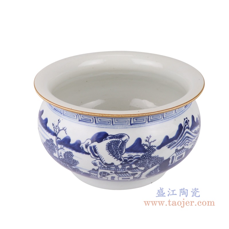 青花山水纹香炉,产品编号:RZUL13-B 产品尺寸(单位cm): 高15.3直径25口径底径重量2.3KG