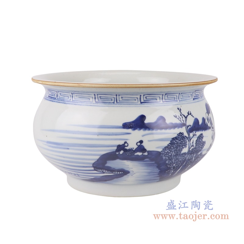 青花山水纹香炉,产品编号:RZUL13-B 产品尺寸(单位cm): 高15.3直径25口径底径重量2.3KG