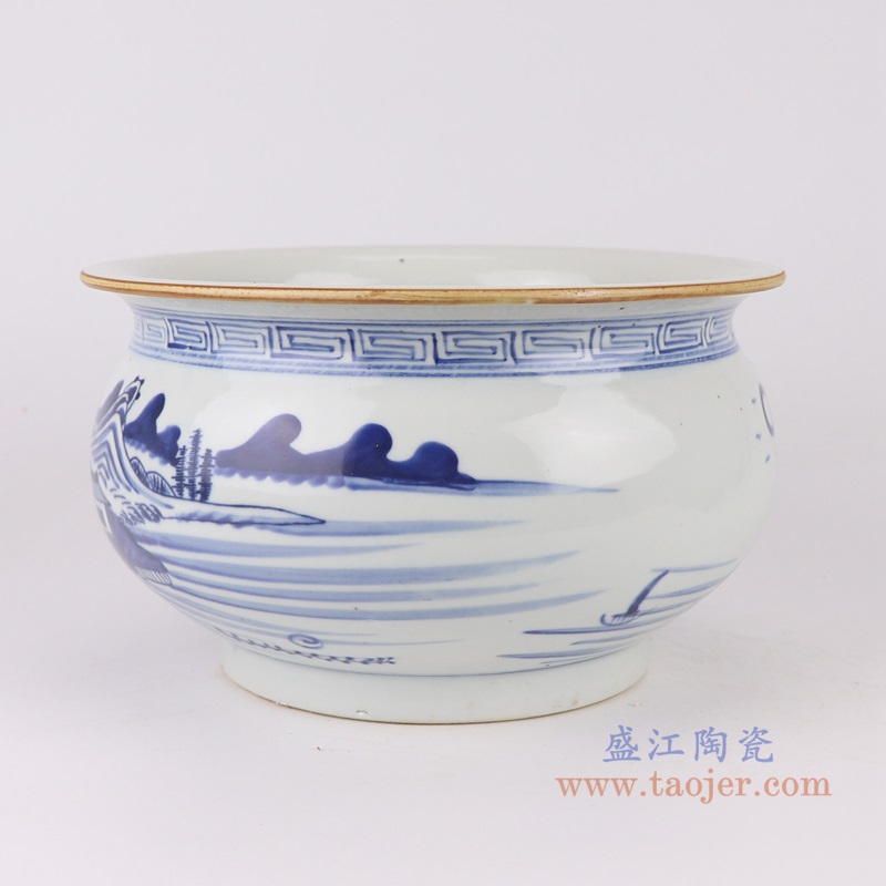 青花山水纹香炉,产品编号:RZUL13-B 产品尺寸(单位cm): 高15.3直径25口径底径重量2.3KG