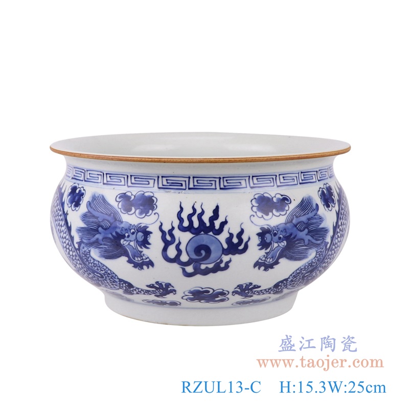 青花龙纹香炉,产品编号:RZUL13-C 产品尺寸(单位cm): 高15.3直径25口径底径重量2.3KG