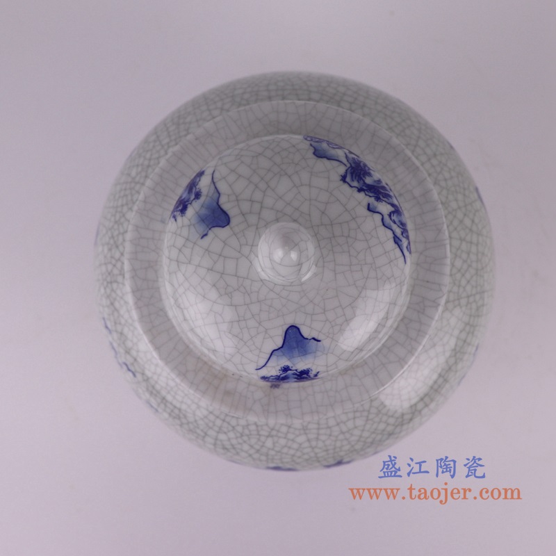 开片裂纹釉青花将军罐,产品编号:RZUN01 产品尺寸(单位cm): 高30直径12.6口径底径7.7重量1.65KG
