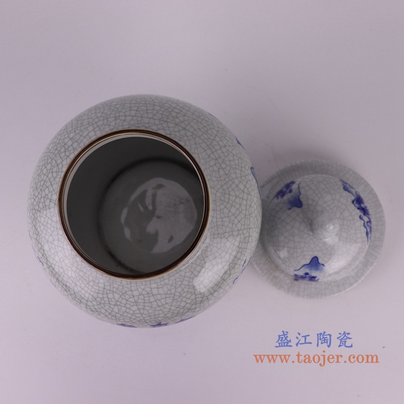 开片裂纹釉青花将军罐,产品编号:RZUN01 产品尺寸(单位cm): 高30直径12.6口径底径7.7重量1.65KG