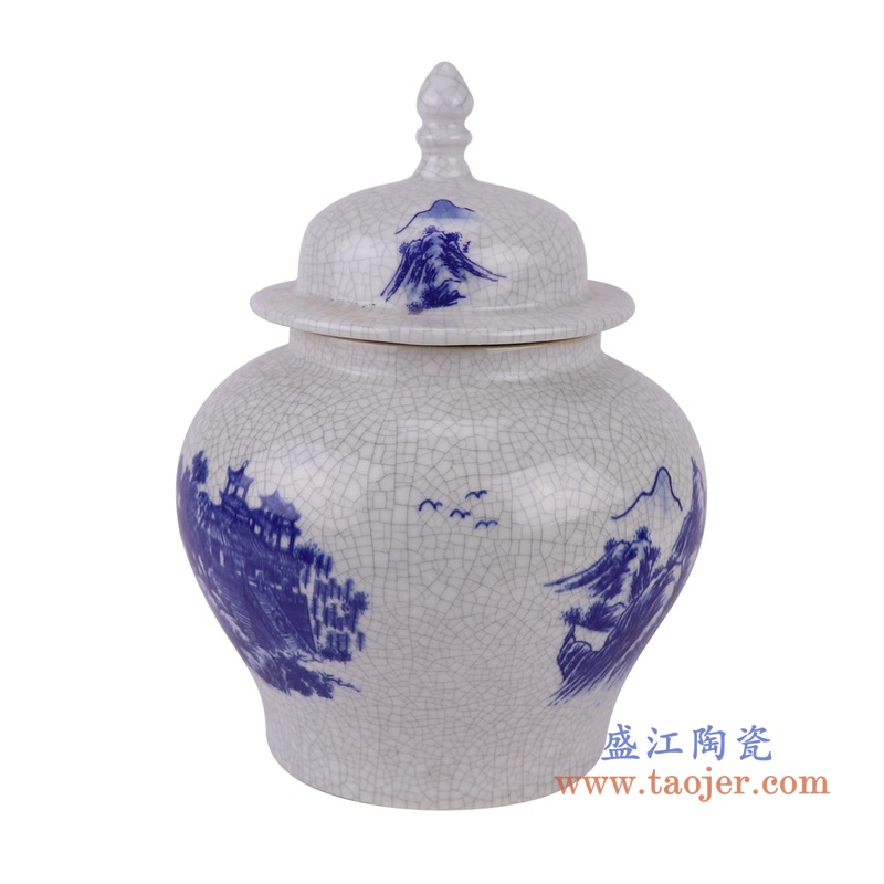 开片裂纹釉青花将军罐,产品编号:RZUN01 产品尺寸(单位cm): 高30直径12.6口径底径7.7重量1.65KG