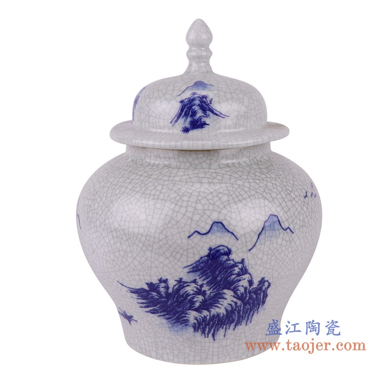 开片裂纹釉青花将军罐,产品编号:RZUN01 产品尺寸(单位cm): 高30直径12.6口径底径7.7重量1.65KG