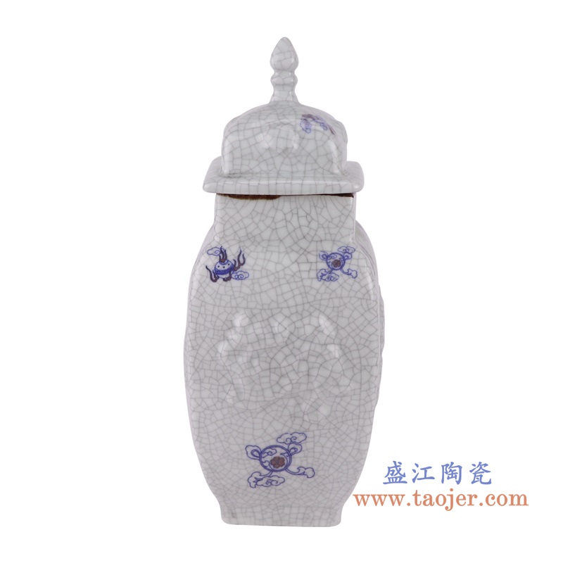开片裂纹釉雕刻多宝纹方口四边将军罐,产品编号:RZUN02 产品尺寸(单位cm): 高25.3直径18.9口径11.2底径12.2重量1.2KG
