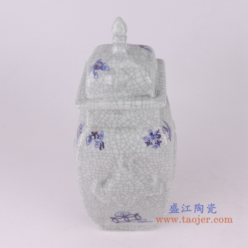 开片裂纹釉雕刻多宝纹方口四边将军罐,产品编号:RZUN02 产品尺寸(单位cm): 高25.3直径18.9口径11.2底径12.2重量1.2KG
