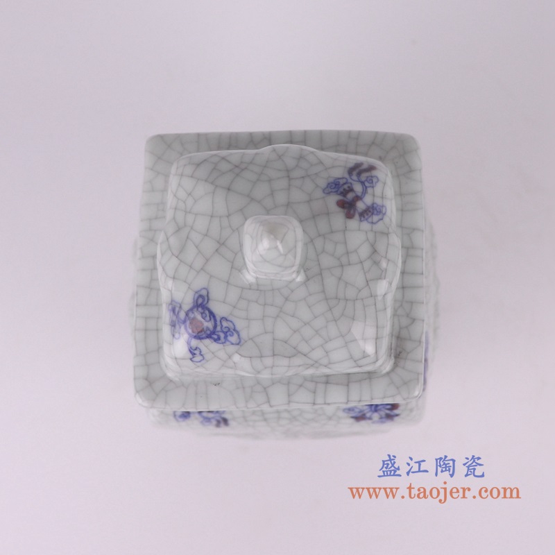 开片裂纹釉雕刻多宝纹方口四边将军罐,产品编号:RZUN02 产品尺寸(单位cm): 高25.3直径18.9口径11.2底径12.2重量1.2KG