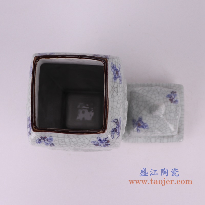 开片裂纹釉雕刻多宝纹方口四边将军罐,产品编号:RZUN02 产品尺寸(单位cm): 高25.3直径18.9口径11.2底径12.2重量1.2KG