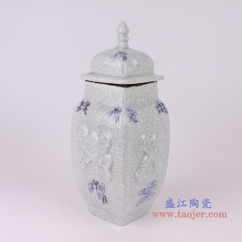 开片裂纹釉雕刻多宝纹方口四边将军罐,产品编号:RZUN02 产品尺寸(单位cm): 高25.3直径18.9口径11.2底径12.2重量1.2KG