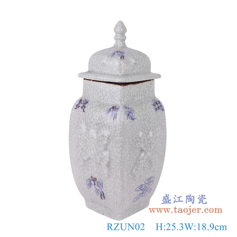 开片裂纹釉雕刻多宝纹方口四边将军罐，产品编号：RZUN02       产品尺寸(单位cm):  高25.3直径18.9口径11.2底径12.2重量1.2KG
