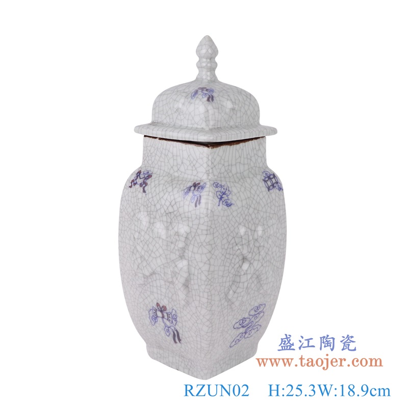 开片裂纹釉雕刻多宝纹方口四边将军罐,产品编号:RZUN02 产品尺寸(单位cm): 高25.3直径18.9口径11.2底径12.2重量1.2KG