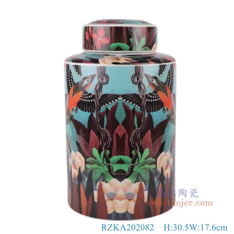 直筒花鸟中号圆罐子；产品编号：RZKA202082 产品尺寸(单位cm): 高：30直径：18口径：底径：重量：KG