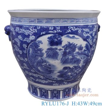 RYLU176-J   青花开窗开光狮子头山水大缸；   高：43直径：49口径：45.5底径：重量：KG