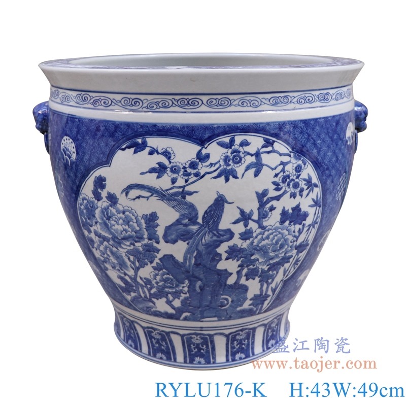 青花开窗开光狮子头花鸟大缸;产品编号:RYLU176-K 产品尺寸(单位cm): 高:43直径:49口径:45.5底径:重量:KG