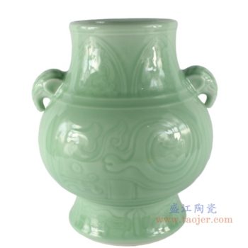 RYKX18    颜色釉青釉豆青雕刻象耳福桶；   高：26直径：22口径：13.2底径：15.5重量：KG