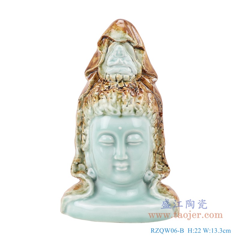 颜色釉影青窑变釉雕刻观音菩萨雕塑佛头佛像；产品编号：RZQW06-B       产品尺寸(单位cm):  高：22直径：13.3口径：底径：重量：0.6KG