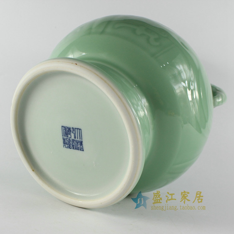 颜色釉青釉豆青雕刻象耳福桶；产品编号：RYKX18       产品尺寸(单位cm):  高：26直径：22口径：13.2底径：15.5重量：KG