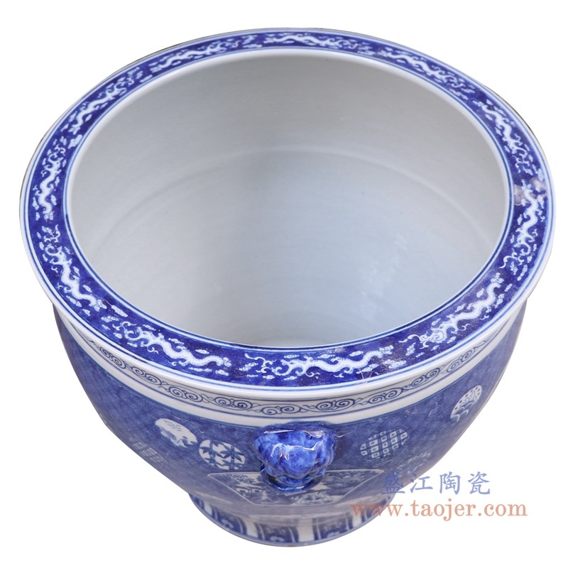 青花开窗开光狮子头花鸟大缸;产品编号:RYLU176-K 产品尺寸(单位cm): 高:43直径:49口径:45.5底径:重量:KG