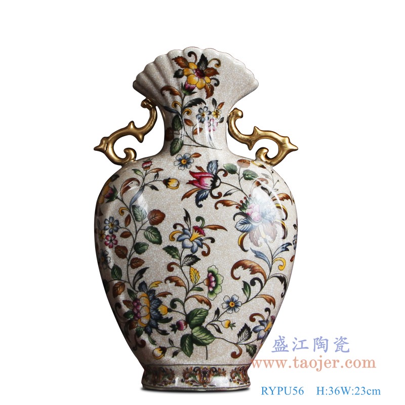 彩色开片双耳镀金花卉扁肚瓶；产品编号：RYPU56       产品尺寸(单位cm):  高：36直径：23口径：9.5底径：重量：KG