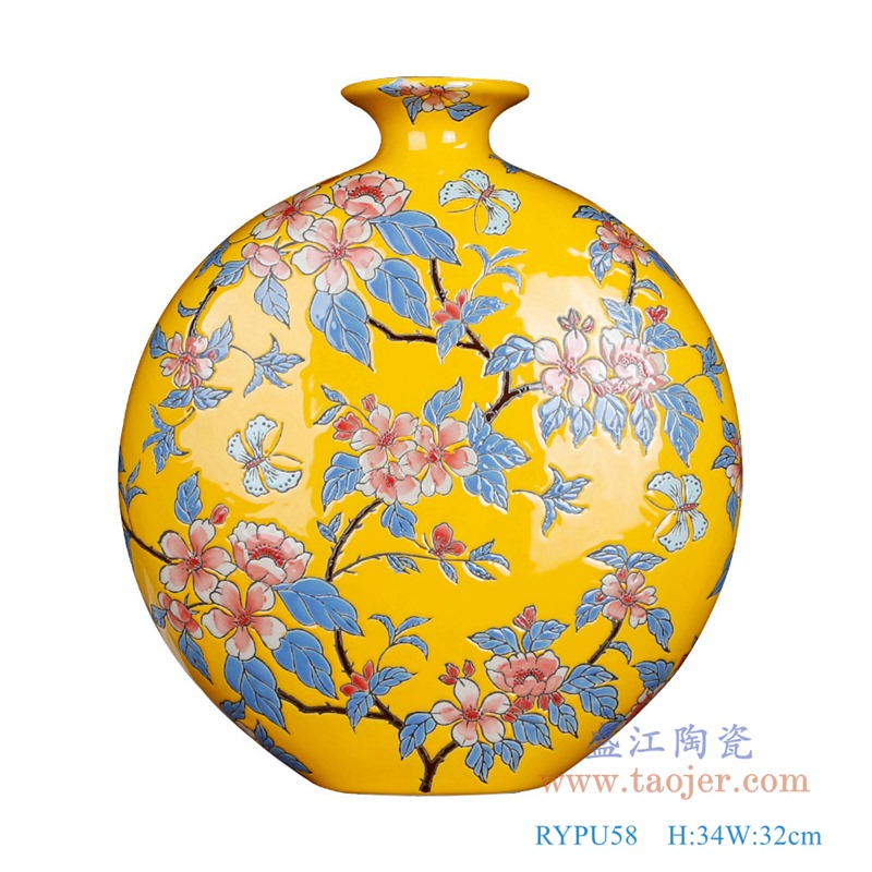 黄底花卉扁肚瓶;产品编号:RYPU58 产品尺寸(单位cm): 高:34直径:32口径:底径:重量:KG