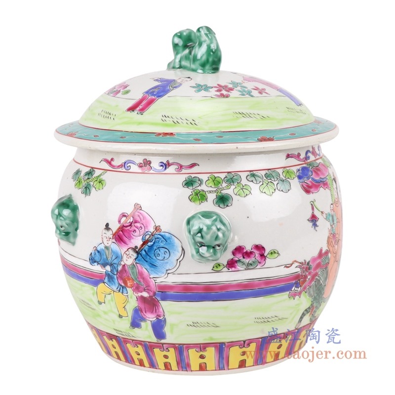 粉彩狮子头人物饭鼓；产品编号：RYZG32       产品尺寸(单位cm):  高：22.5直径：22口径：16.2底径：14.3重量：1KG