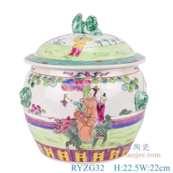 RYZG32   粉彩狮子头人物饭鼓   高：22.5直径：22口径：16.2底径：14.3重量：1KG
