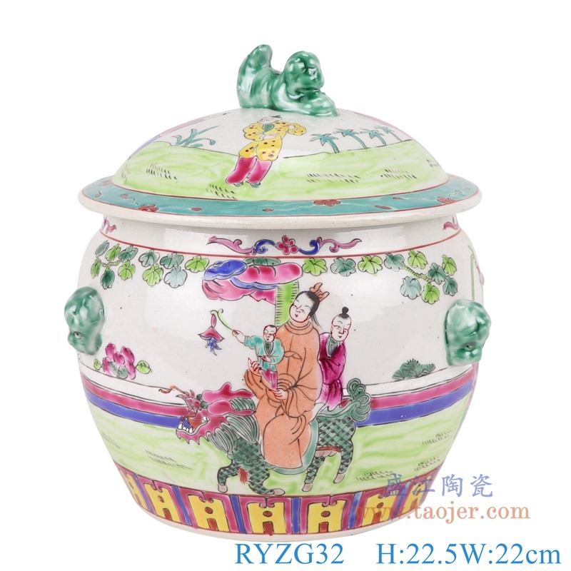 粉彩狮子头人物饭鼓；产品编号：RYZG32       产品尺寸(单位cm):  高：22.5直径：22口径：16.2底径：14.3重量：1KG