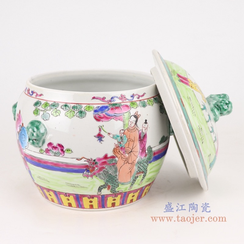粉彩狮子头人物饭鼓；产品编号：RYZG32       产品尺寸(单位cm):  高：22.5直径：22口径：16.2底径：14.3重量：1KG