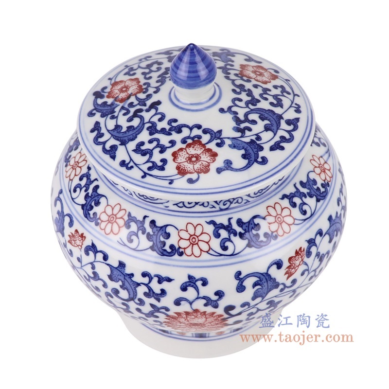 青花釉里红缠枝莲茶叶罐，产品编号：RZBG23 产品尺寸(单位cm): 高18.5直径16.6口径10.1底径11.1重量1.5KG