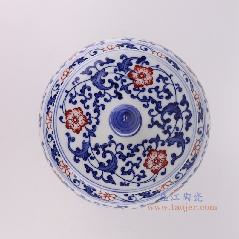 青花釉里红缠枝莲茶叶罐，产品编号：RZBG23 产品尺寸(单位cm): 高18.5直径16.6口径10.1底径11.1重量1.5KG