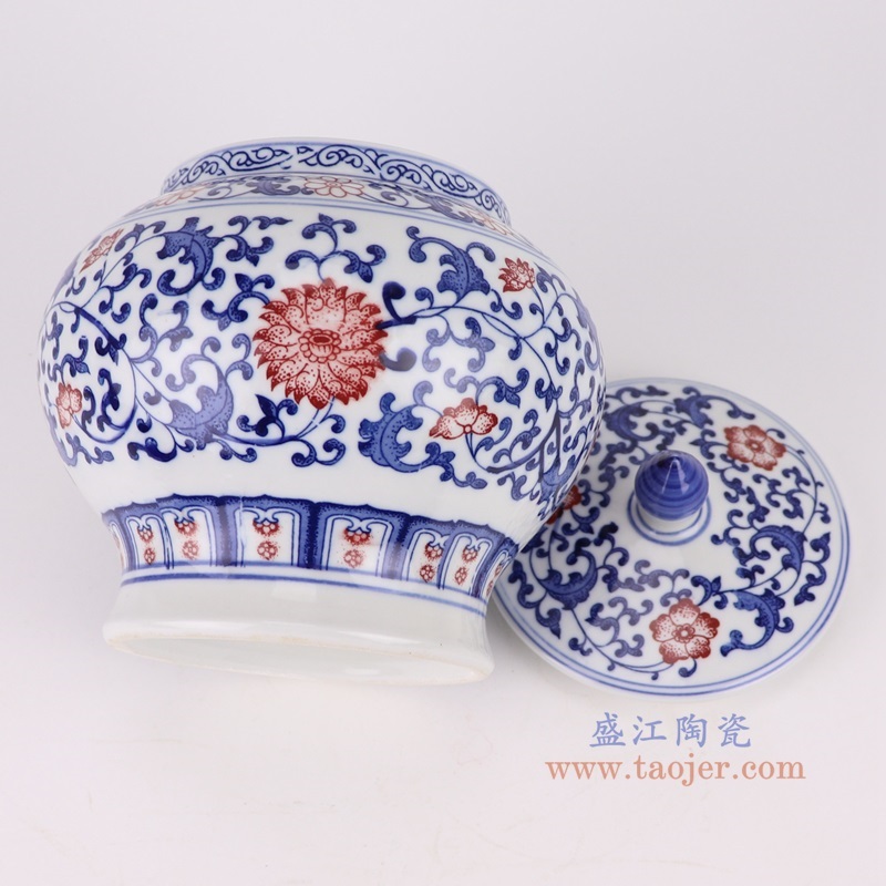 青花釉里红缠枝莲茶叶罐，产品编号：RZBG23 产品尺寸(单位cm): 高18.5直径16.6口径10.1底径11.1重量1.5KG