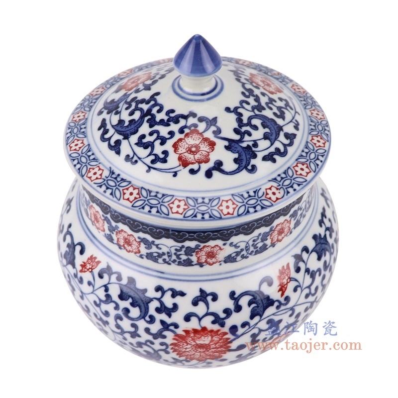 青花釉里红缠枝莲茶叶罐，产品编号：RZBG24       产品尺寸(单位cm):  高20.8直径16.8口径28底径9.6重量1.35KG