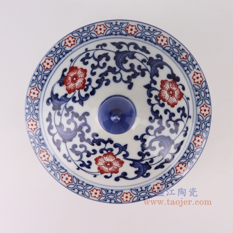 青花釉里红缠枝莲茶叶罐，产品编号：RZBG24       产品尺寸(单位cm):  高20.8直径16.8口径28底径9.6重量1.35KG