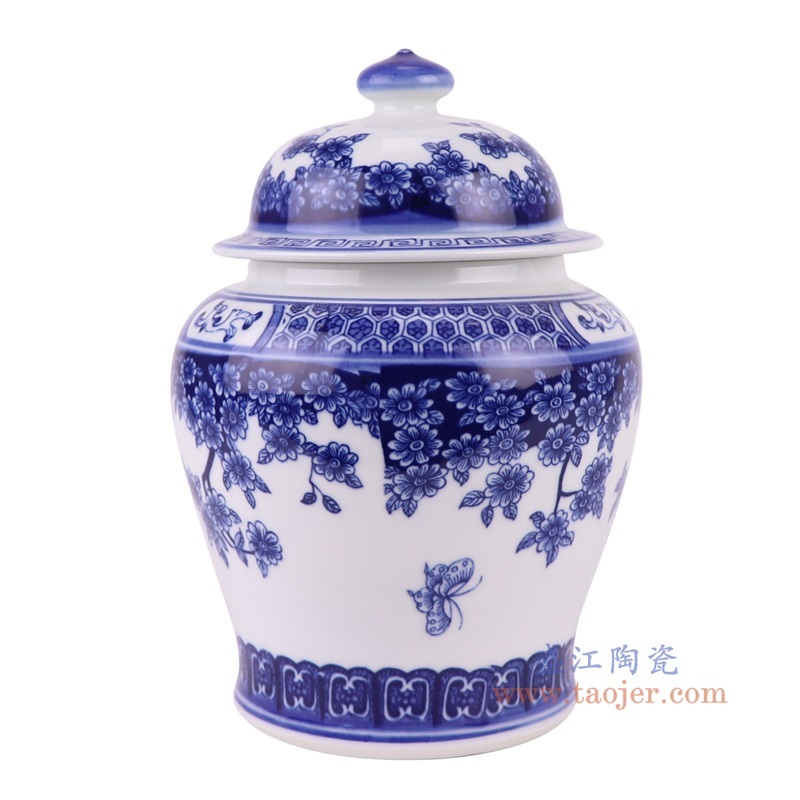 青花蝶恋花将军罐，产品编号：RZBO19-B       产品尺寸(单位cm):  高25直径15.5口径底径12重量1.6KG