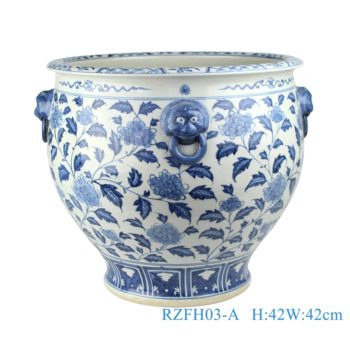 RZFH03-A    青花狮子头花卉大缸鱼缸水缸；   高：42直径：43口径：41底径：26重量：12.8KG