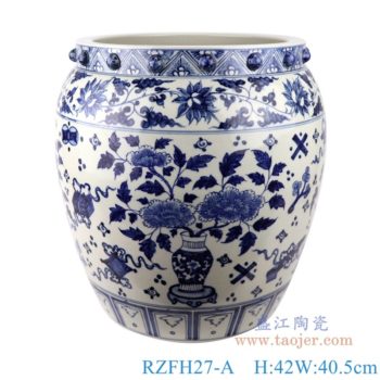 RZFH27-A  青花缠枝莲博古纹花卉大缸水缸鱼缸；   高：42直径：40.5口径：32底径：28.5重量：13KG