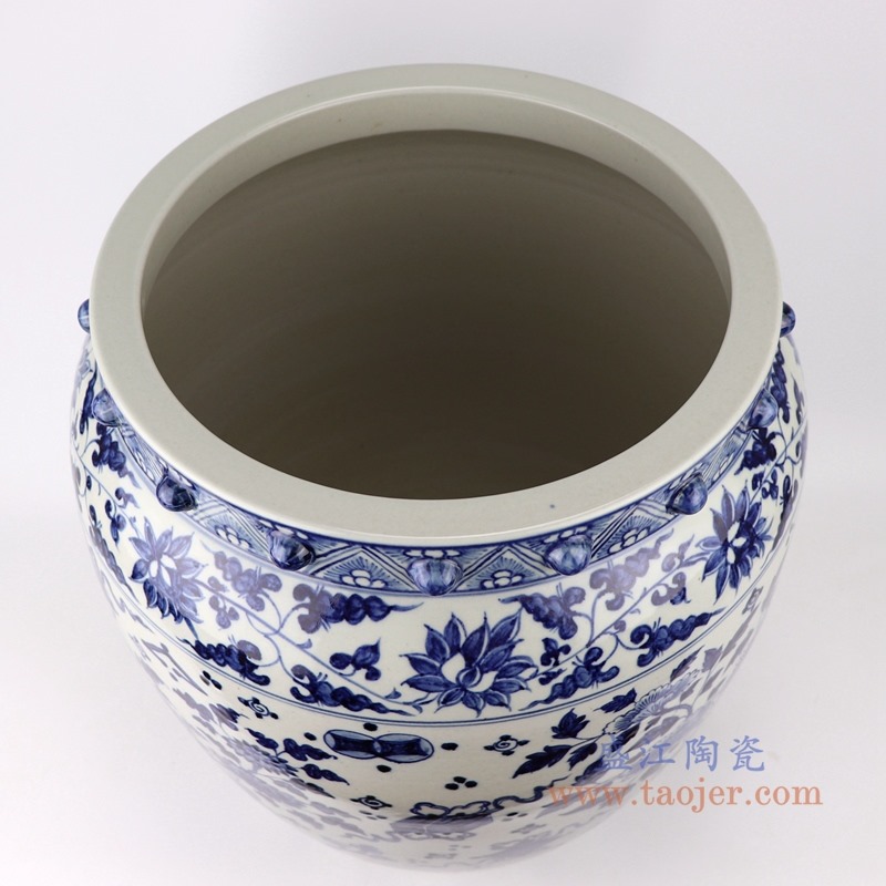 青花缠枝莲博古纹花卉大缸水缸鱼缸；产品编号：RZFH27-A       产品尺寸(单位cm):  高：42直径：40.5口径：32底径：28.5重量：13KG