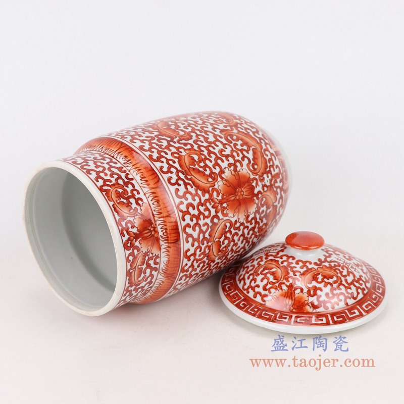 矾红缠枝莲花卉纹直筒盖罐一对；产品编号：RZIH18-B       产品尺寸(单位cm):  高：27直径：14口径：12.3底径：9.2重量：1.45KG