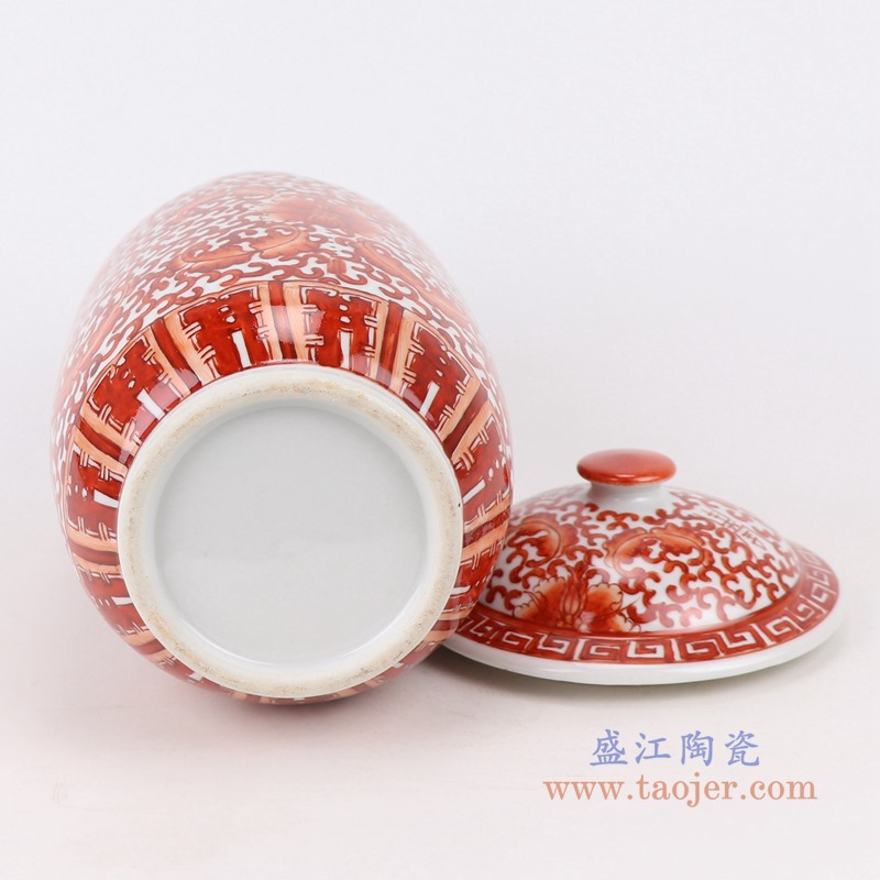 矾红缠枝莲花卉纹直筒盖罐一对；产品编号：RZIH18-B       产品尺寸(单位cm):  高：27直径：14口径：12.3底径：9.2重量：1.45KG