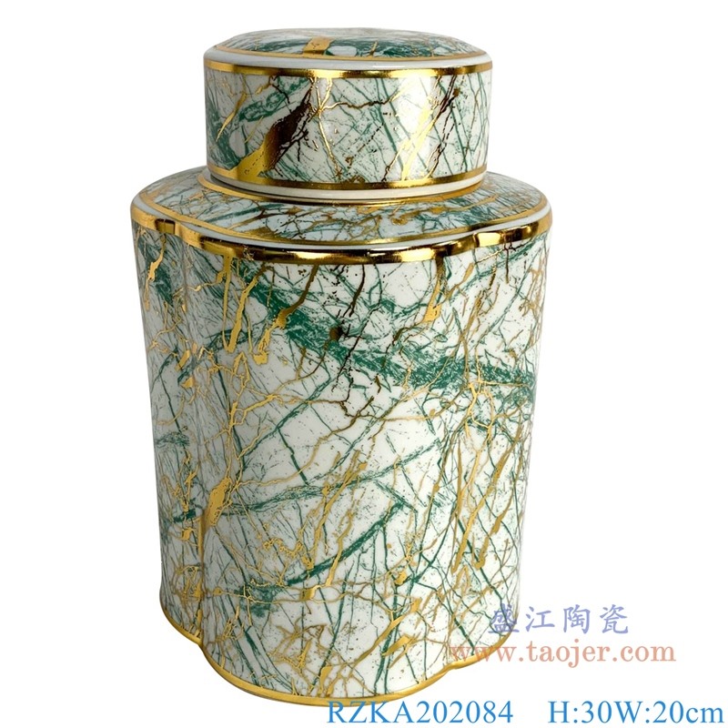 直筒金色和绿色混合线条圆罐子；产品编号：RZKA202084       产品尺寸(单位cm):  高：30直径：20口径：底径：重量：KG