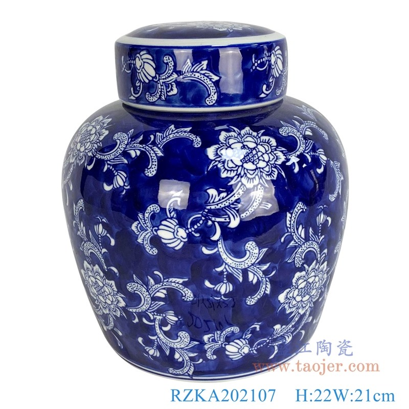 青花蓝底白花花卉盖罐；产品编号：RZKA202107       产品尺寸(单位cm):  高：22直径：21口径：底径：重量：KG
