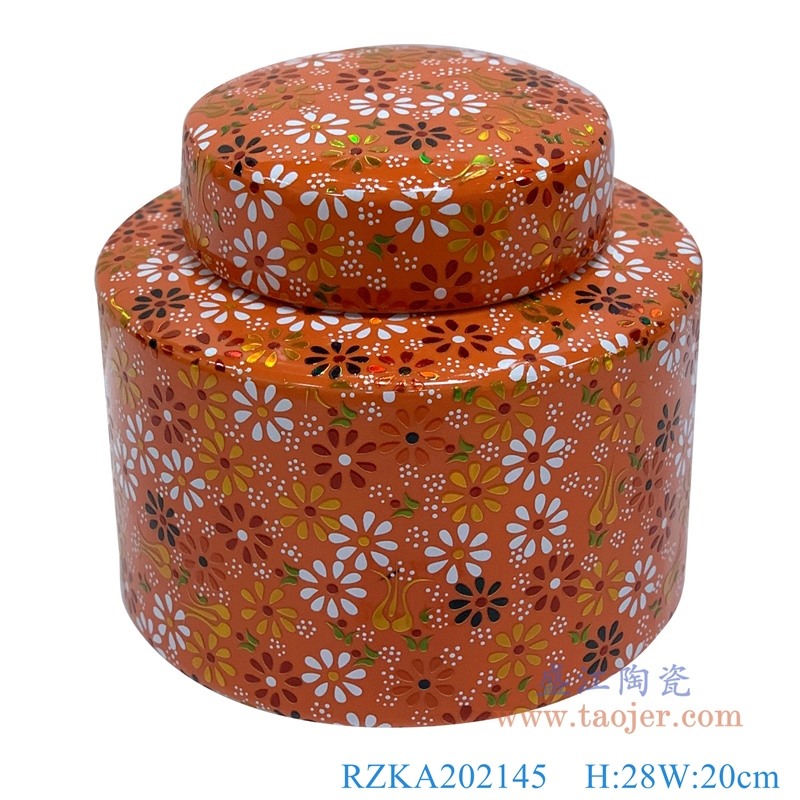 橙色花卉中号直筒罐子；产品编号：RZKA202145       产品尺寸(单位cm):  高：28直径：20口径：底径：重量：KG
