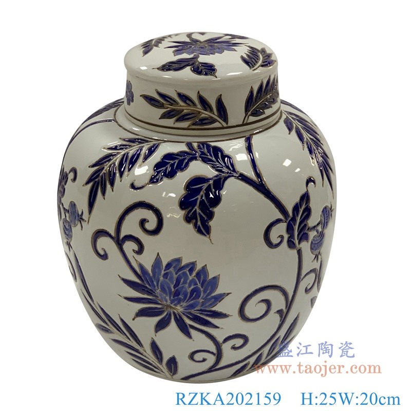 白色花卉坛子；产品编号：RZKA202159       产品尺寸(单位cm):  高：25直径：20口径：底径：重量：KG