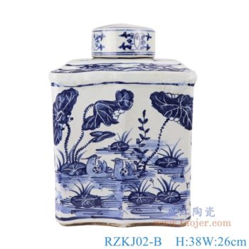 RZKJ02-B   青花长方形鱼草纹扁罐子；    高：38直径：26口径：10底径：25重量：6.25KG