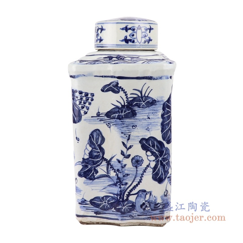 青花长方形鱼草纹扁罐子；产品编号：RZKJ02-B       产品尺寸(单位cm):  高：38直径：26口径：10底径：25重量：6.25KG